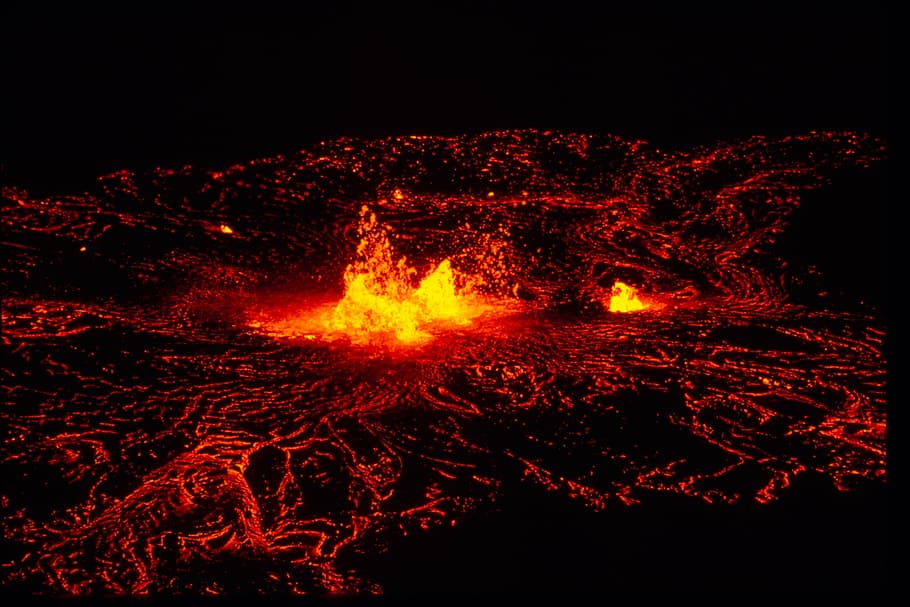 photo of lava on volcanic crate, molten, volcano, night, glowing