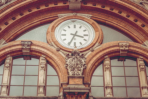 low-angle photo of dome brown building with analog clock, 34 time HD wallpaper