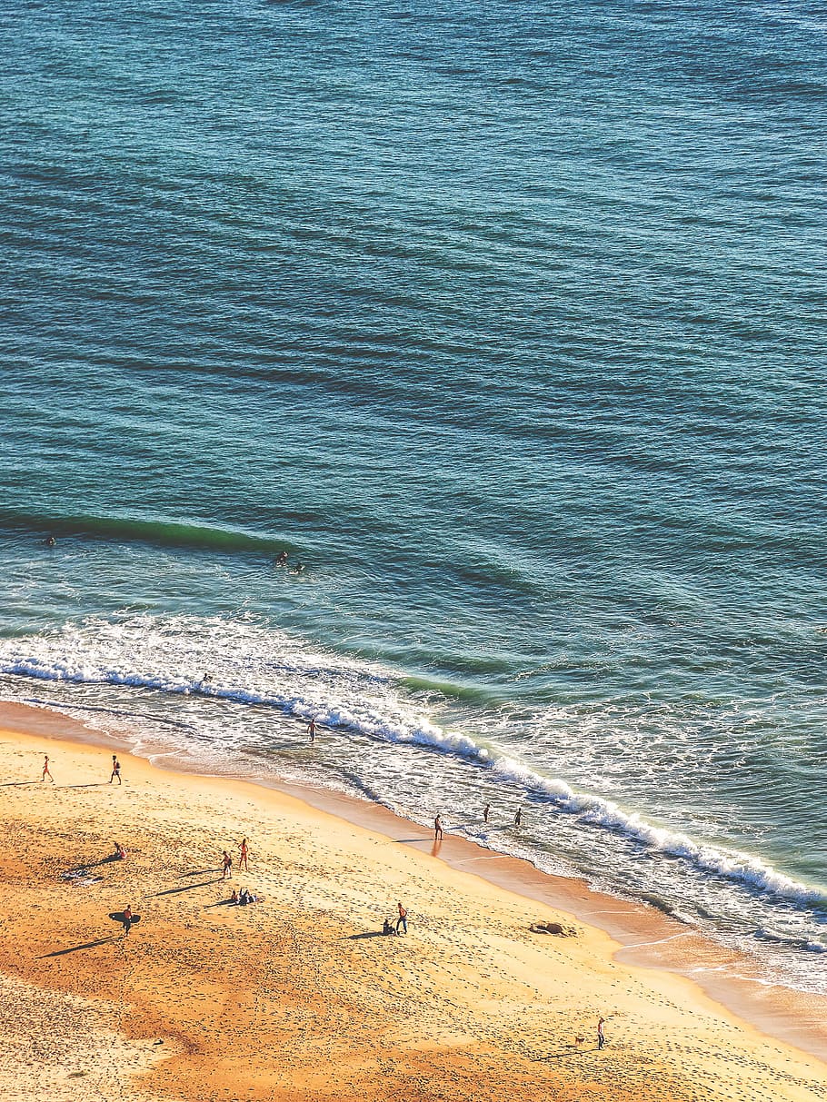 people standing in seashore aerial photography, aerial photograhy of seashore during daytime HD wallpaper