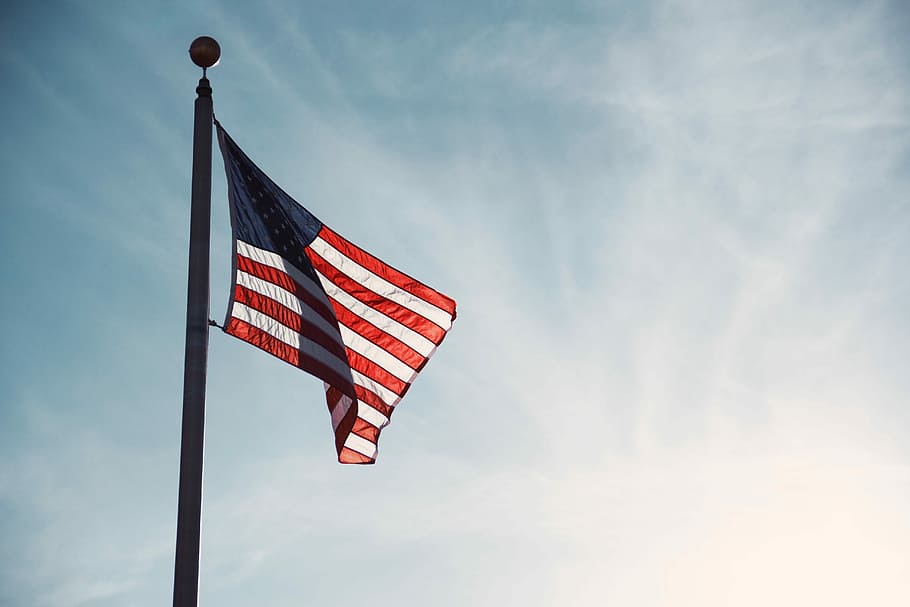 Flag, America flag, sky, star, stripe, pole, patriotism, low angle view HD wallpaper