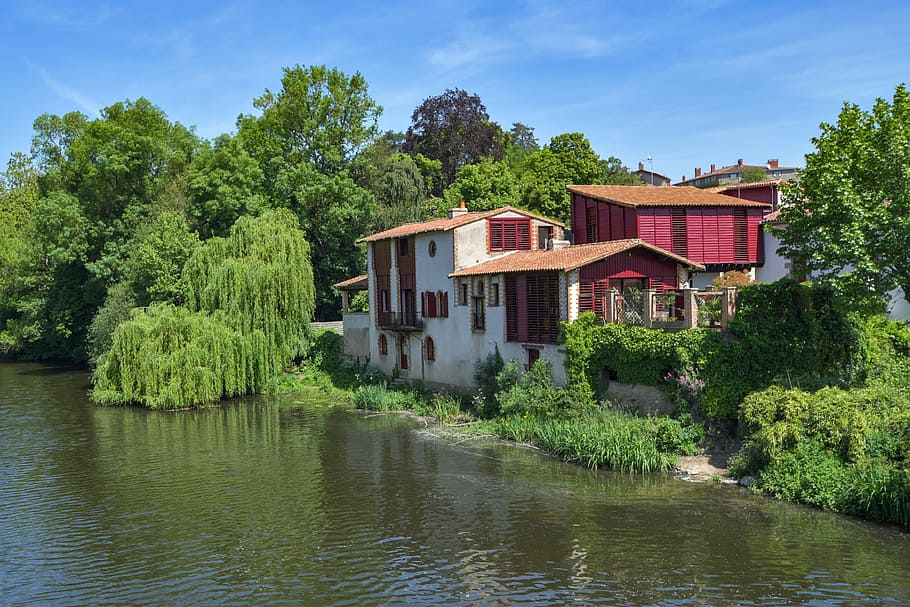 house, river, tree, architecture, nature, water, green, clisson HD wallpaper