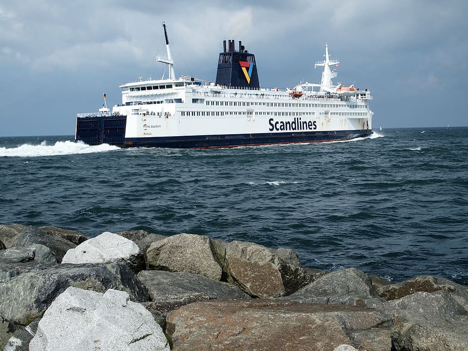 ferry, stones, mole, warnemünde, ship, water, sea, ocean, nautical Vessel HD wallpaper