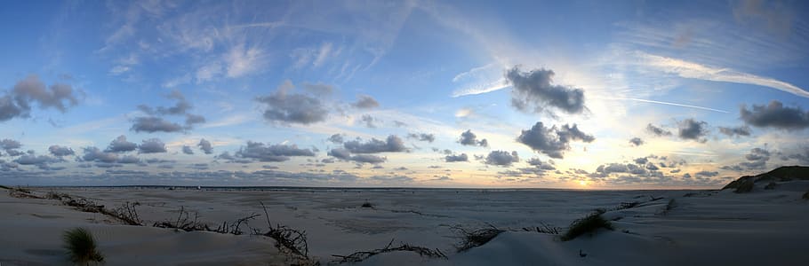 panorama photography of sand during sunset, amrum, beach, evening