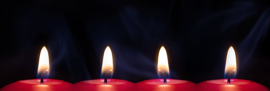 four red lit candles, flame, light, candlelight, mood, advent HD wallpaper