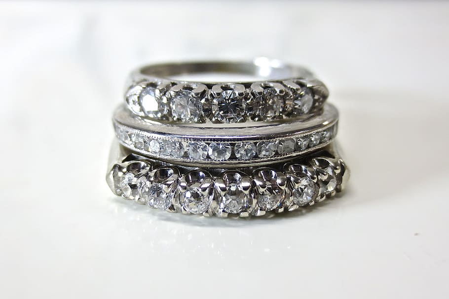 silver-colored ring with diamond stones, Platinum, White, Gold