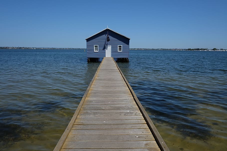 perth, boat house, blue boat house, water, sky, crawley edge, HD wallpaper