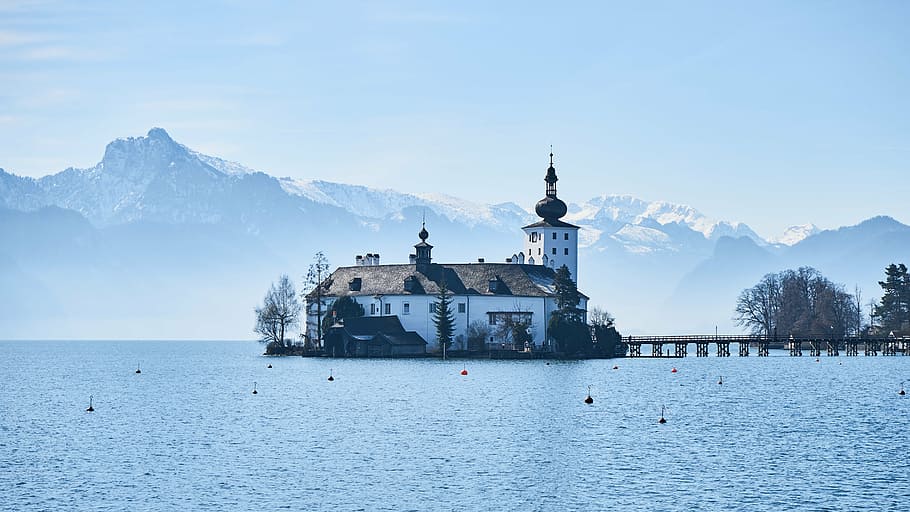 white building on body of water, architecture, austria, lake HD wallpaper