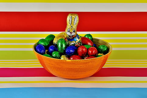 assorted-color eggs in round brown bolw, chocolate eggs, easter HD wallpaper