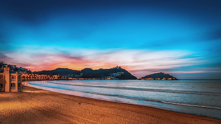 beach during nighttime, san sebastian, sunset, landscape, seaside, HD wallpaper