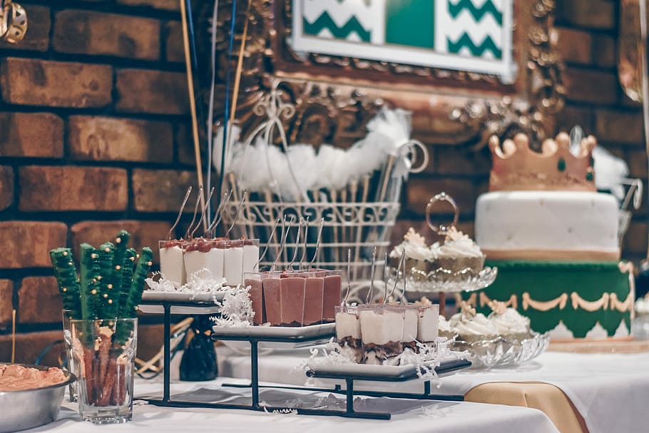 assorted desserts on top of table, clear glass vase on table HD wallpaper