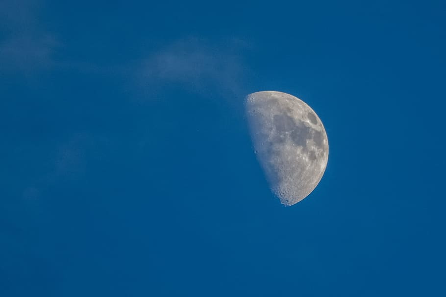 sky, moon, space, nature, clouds, half moon, evening, blue HD wallpaper