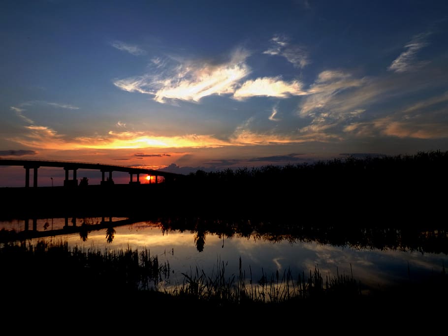 sunset, bridge, water, reflection, red, in the evening, sky HD wallpaper