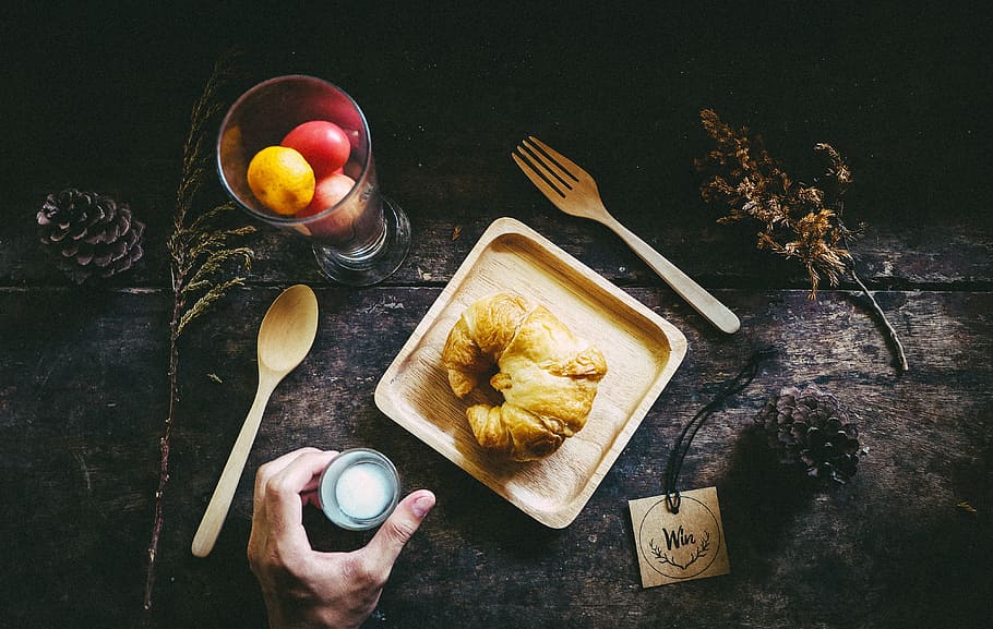 croissant, bread, display, table, glass, fruit, food, tag, hand HD wallpaper