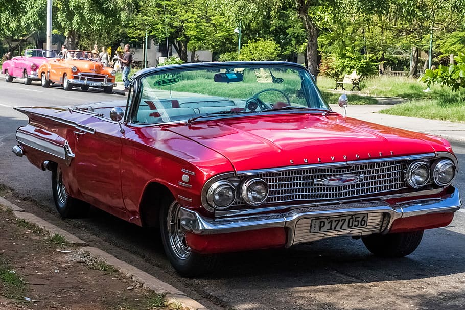 red convertible muscle coupe on road at daytime, cuba, havana, HD wallpaper