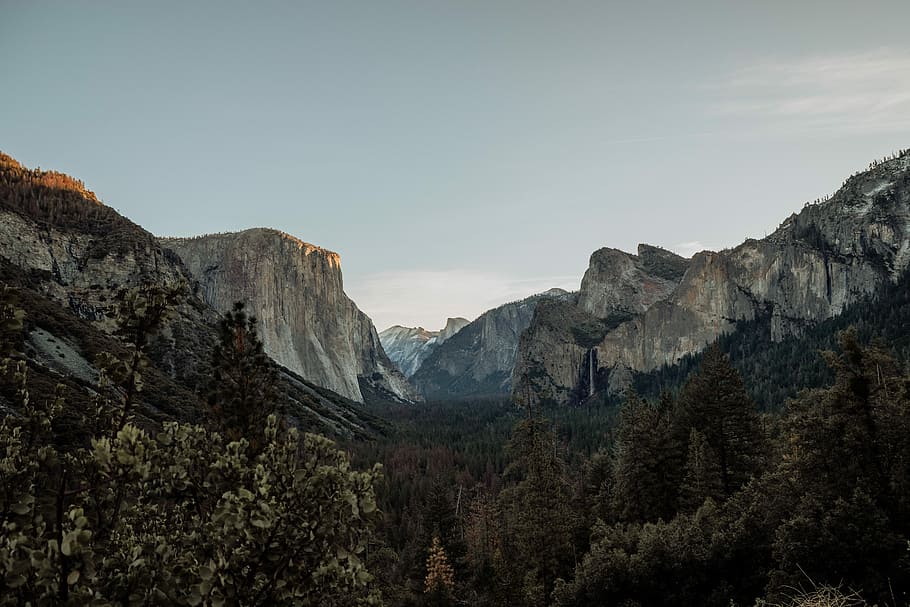 landscape photography of mountain under gray sky, field of trees under rock formation HD wallpaper