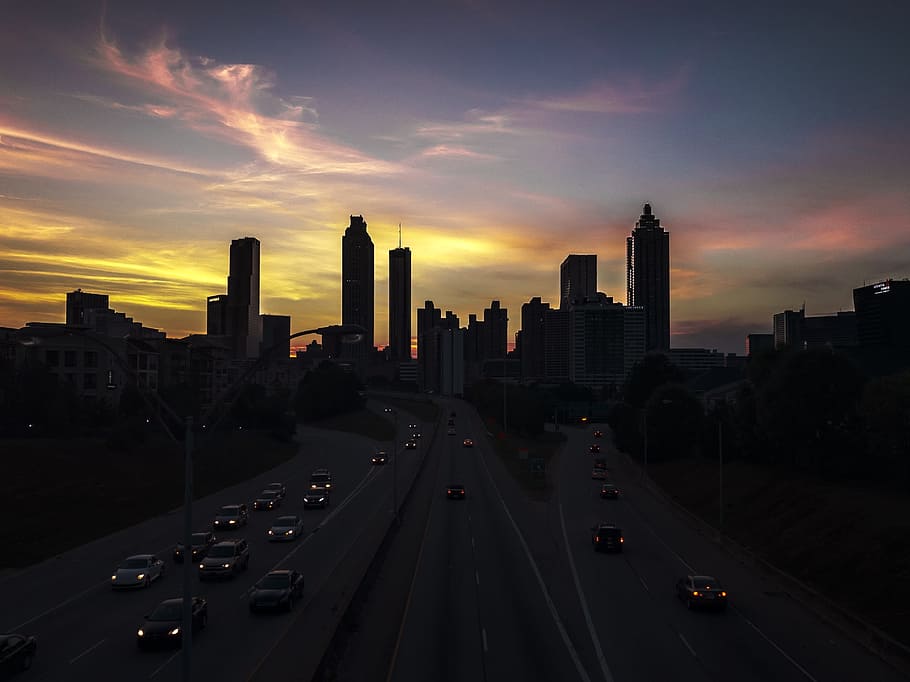 Atlanta, Skyline, Outline, urban, shadows, sunset, cityscape, HD wallpaper