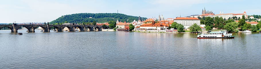 white boat on body of water, Prague, Panorama, City, Vltava, charles bridge, HD wallpaper