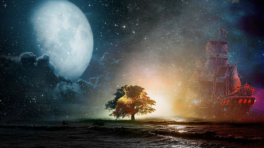 Hd Wallpaper Pirateship Near Tree With Moon Wallpaper Landscape Lee Sin Wallpaper Flare