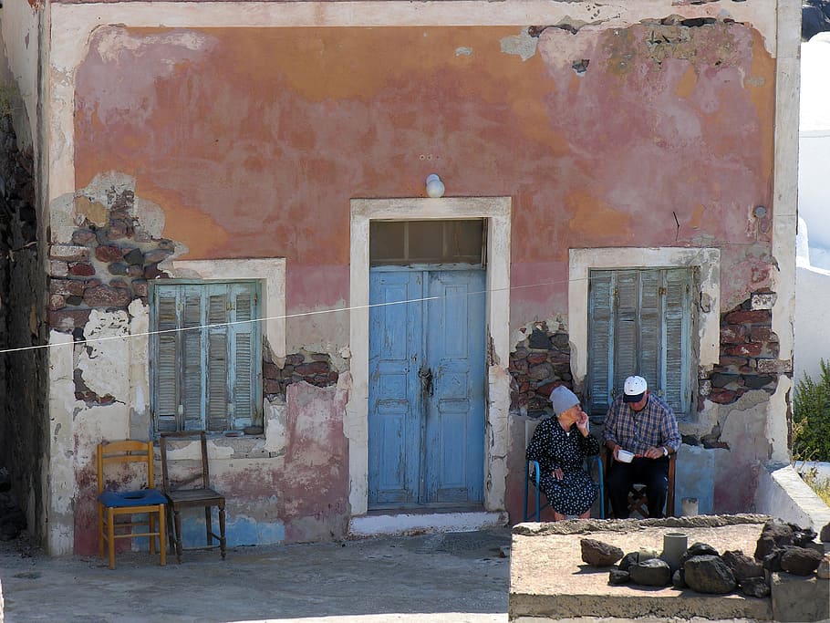 blue wooden door, greece, santorini, greek island, couple, old couple, HD wallpaper