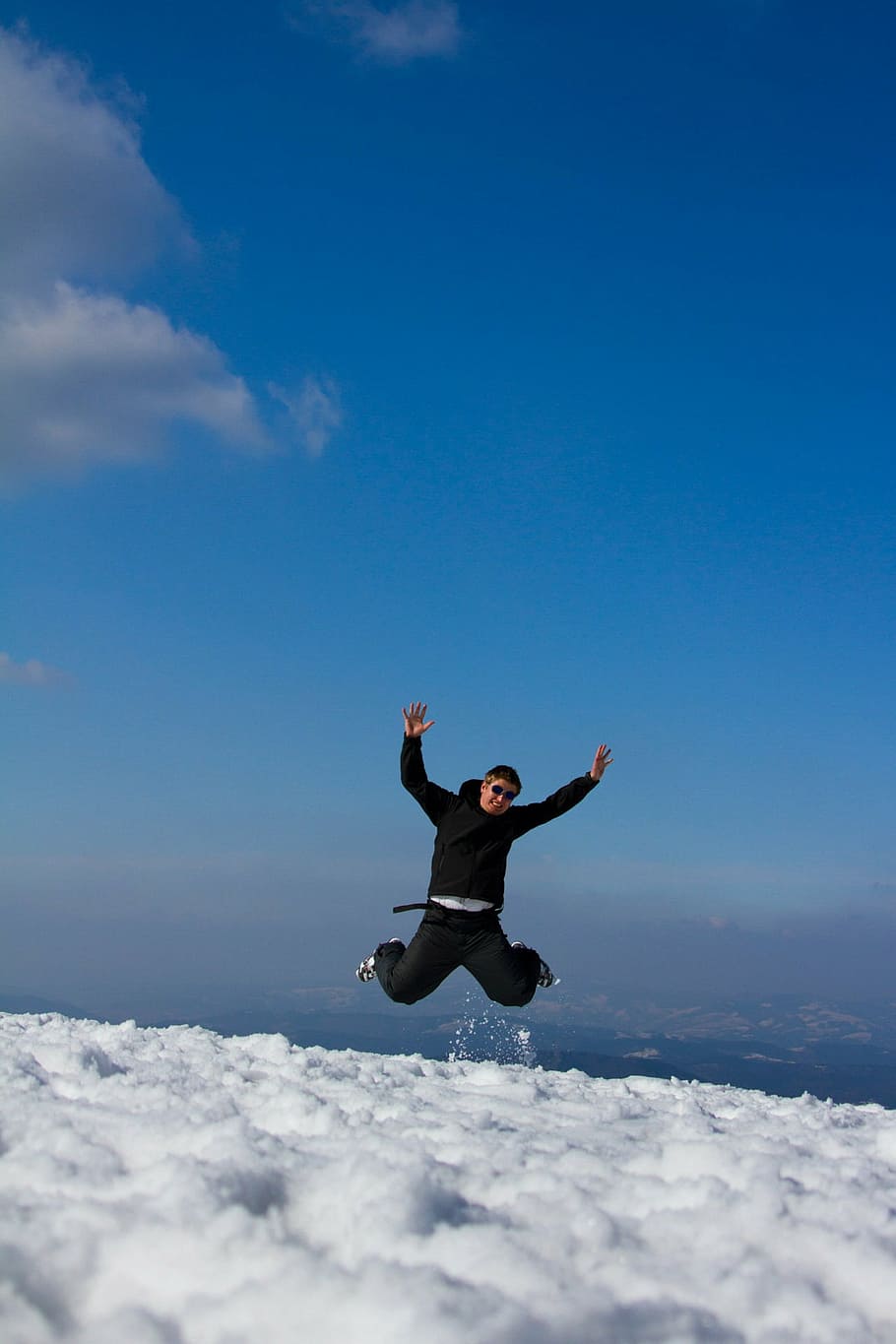 person jumping on snow, mountain, crazy, winter, relax, spring HD wallpaper