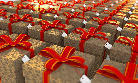 red and brown gift box lot, present, holiday, christmas, ribbon HD wallpaper