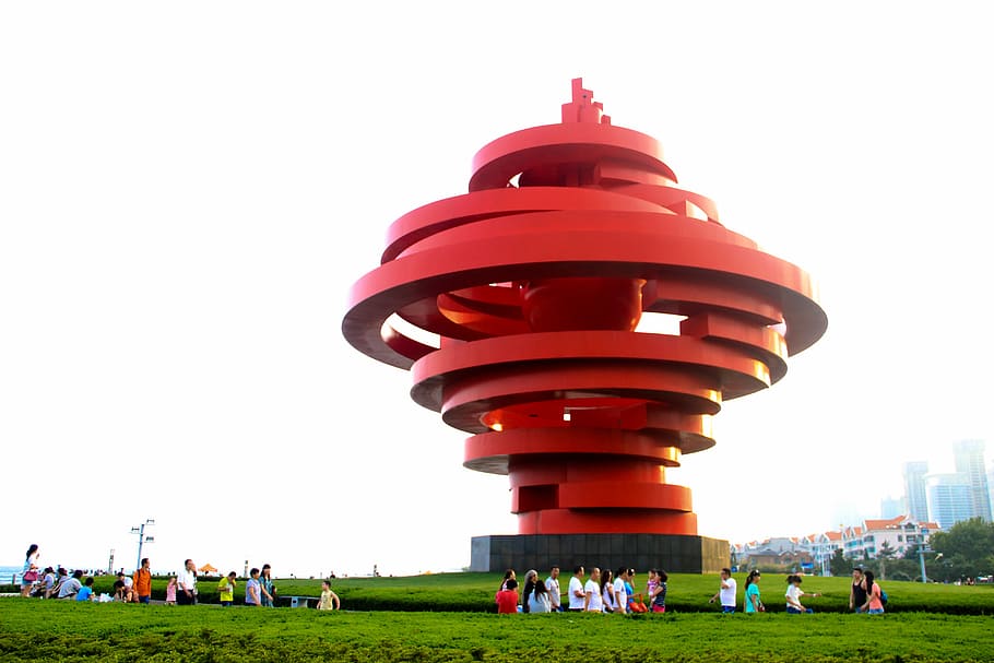 people standing near red architectural spiral tower, Qingdao HD wallpaper