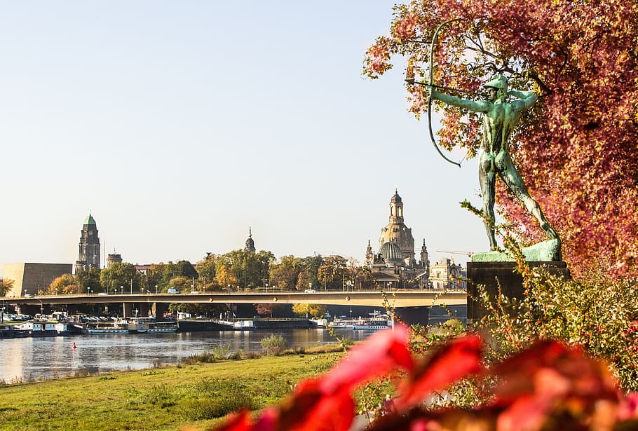 gray statue near trees, dresden, autumn, river, bridge, architecture HD wallpaper