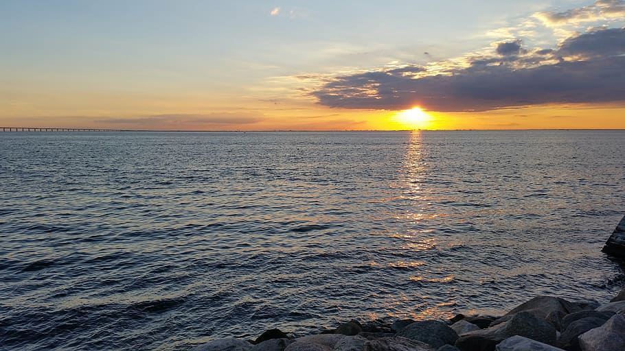 sunset, see, clouds, ocean, water, nature, blue, lake, outdoors HD wallpaper
