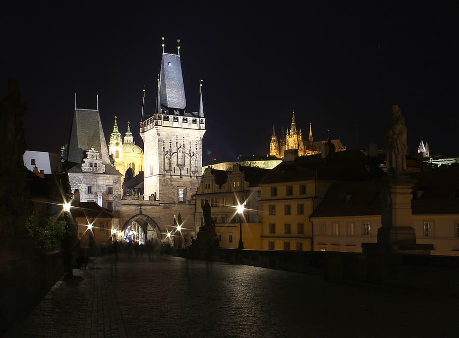 prague, night, tower, bridge, architecture, built structure HD wallpaper