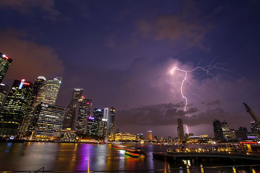 mid-rise and high-rise buildings, thunder, lighting, storm HD wallpaper