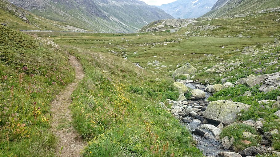 the path, relax, mountain stream, wandering, nature, the alps HD wallpaper