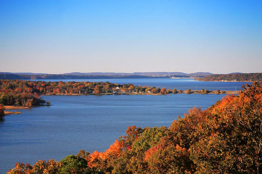 lake, blue, sky, fall, landscape, nature, scenic, mountain HD wallpaper
