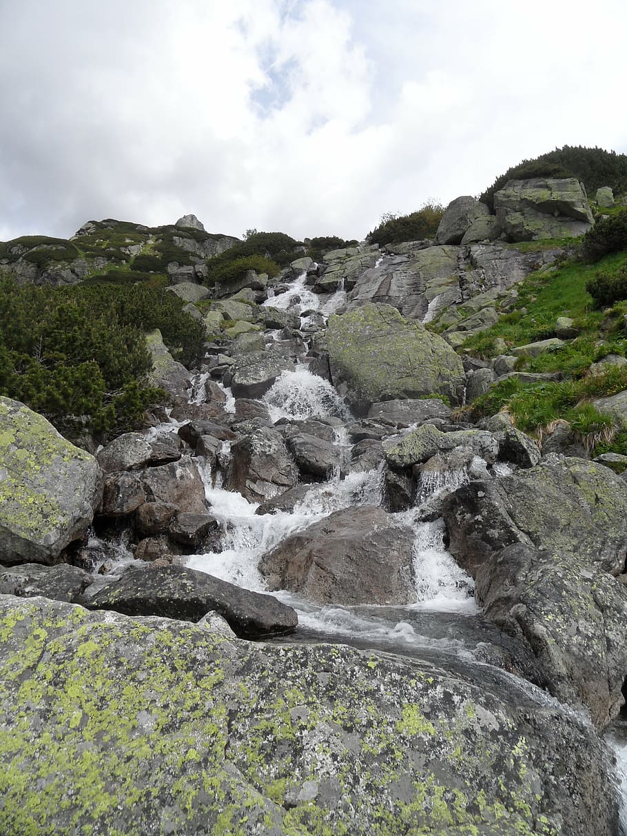 rysy, mountain, mountains, waterfall, excursion, nature, cliff HD wallpaper