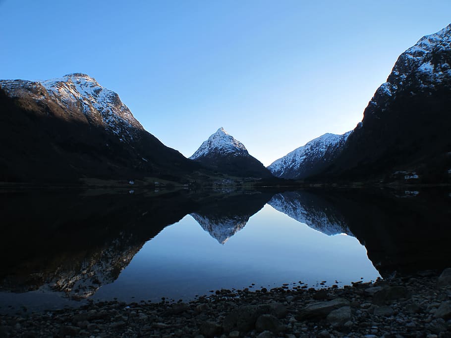 reflection, mountains, landscape, water, summer, blue, sky HD wallpaper