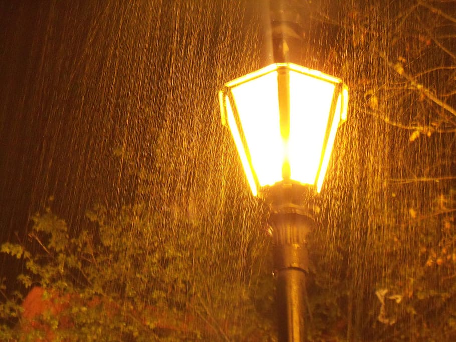 black outdoor light post on rain, rainy, storm, stormy, downpour