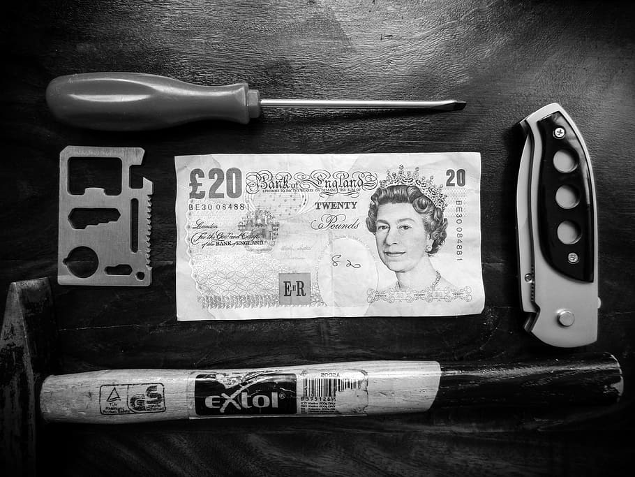 money, knife, tool, hammer, manly, banknote, fashion, communication, HD wallpaper