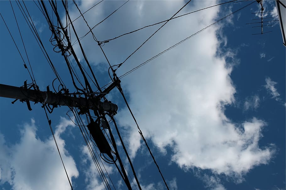 power lines, blue, sky, cloud - sky, electricity, cable, connection HD wallpaper