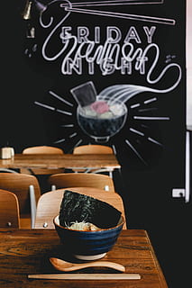 bowl of ramen on table, white ceramic bowl on brown wood, menu HD wallpaper