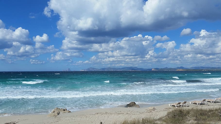 clouds, sea, beach, coastline, sand, nature, summer, land, water HD wallpaper