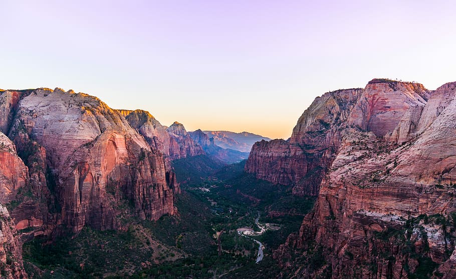 landscape photography of mountain, river between two mountain canyons HD wallpaper
