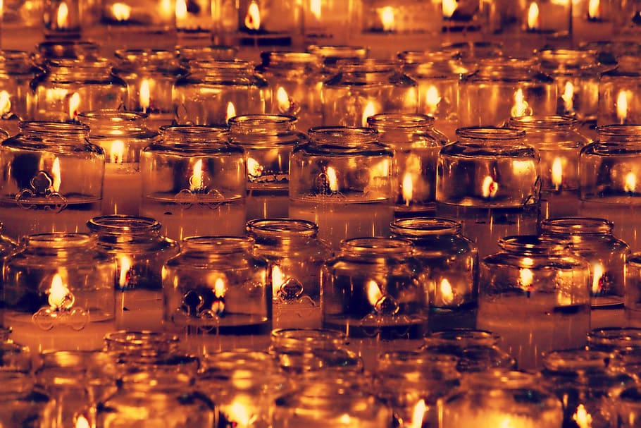 candles on jar lot, light, flame, fire, celebration, decoration, HD wallpaper