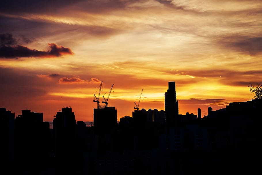 Construction, Silhouette, Sunset, Sky, skyline, cloud, buildings