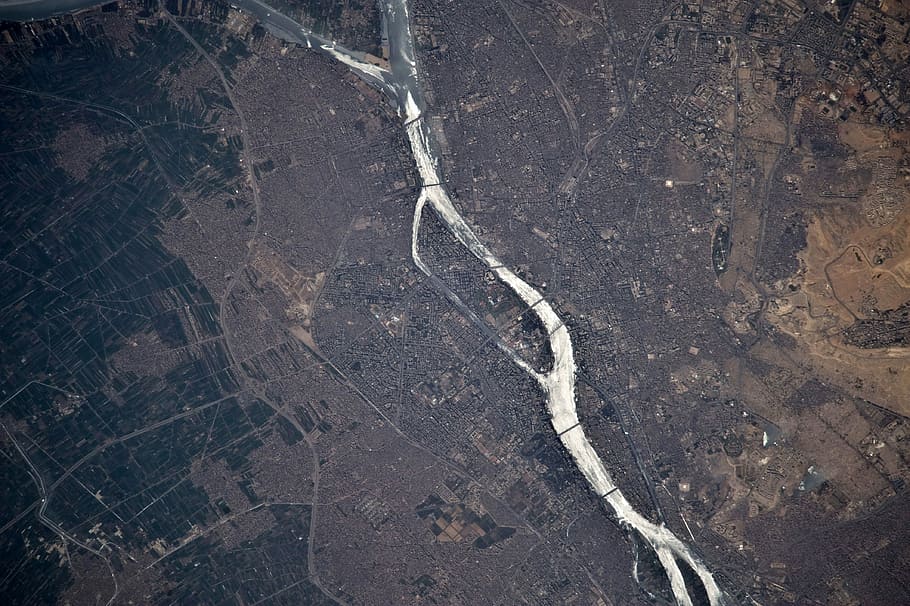 Aerial view of the Nile flowing through Cairo, Egypt, photos