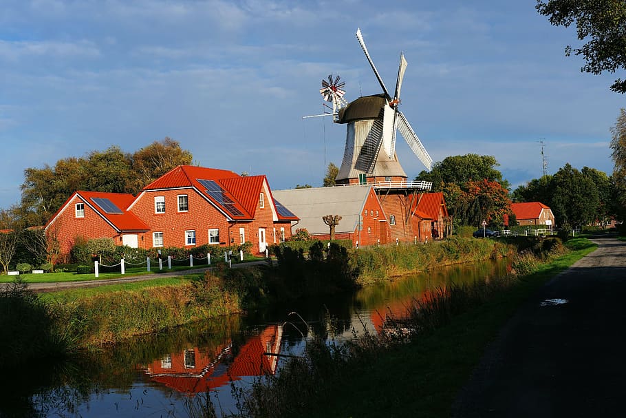windmill beside river surrounded by trees, wieke, landscape, east frisia, HD wallpaper