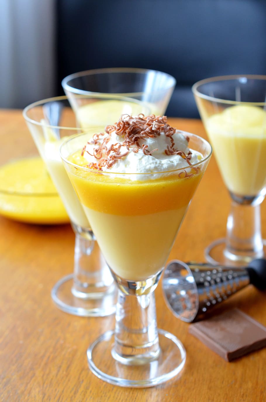 clear filled glass on brown table, pudding, dessert, vanilla pudding HD wallpaper