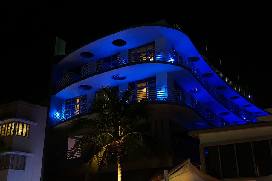 Hotel, Ocean Drive, Miami, night, architecture, illuminated
