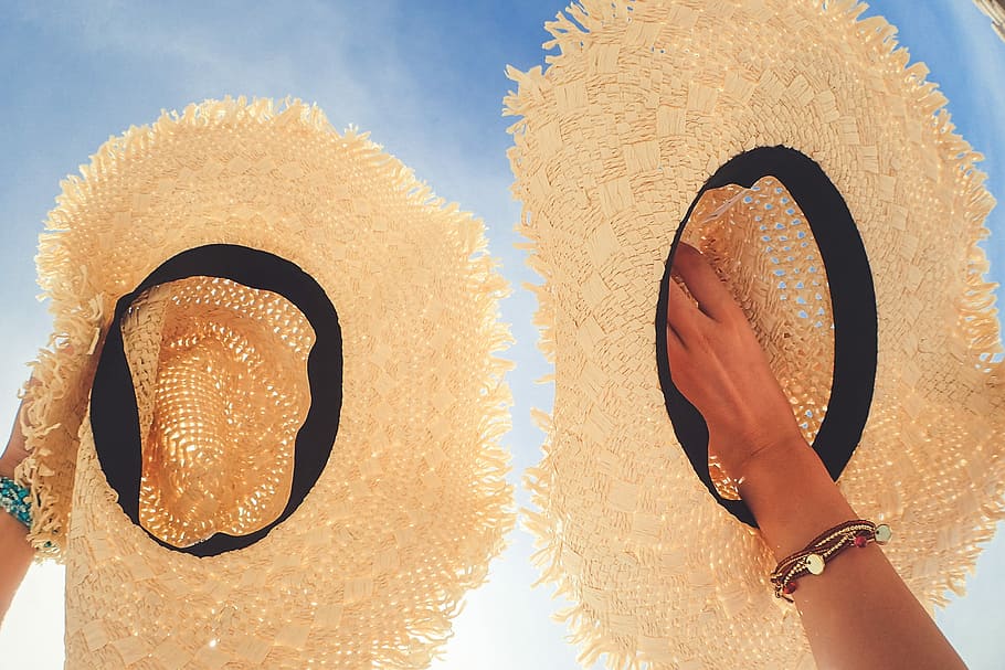 two round brown sunhats, women, summer, fashion, females, people HD wallpaper