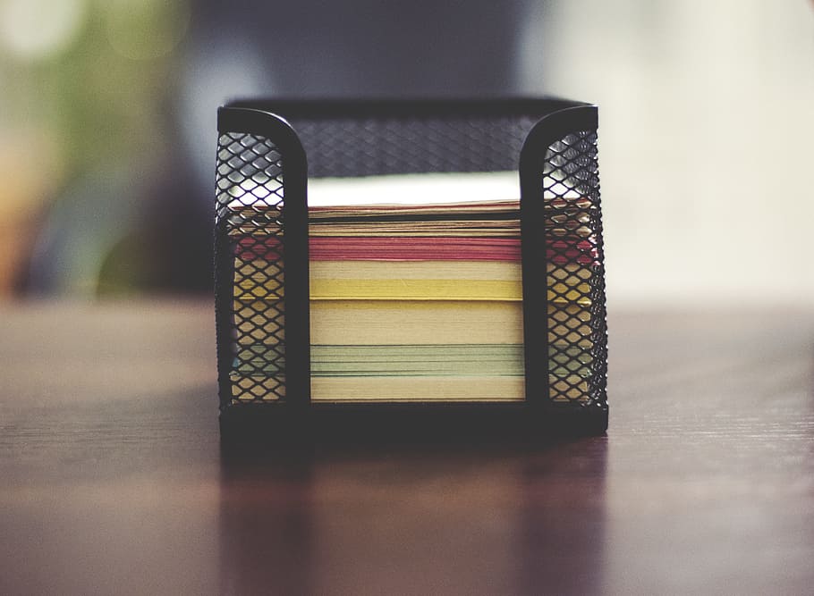 paper stack in mesh steel rack, notes, office, workplace, table HD wallpaper