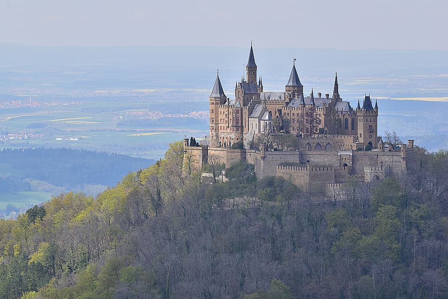 gray and blue concrete castle, mountain, schlos, burg ehrenberg, HD wallpaper