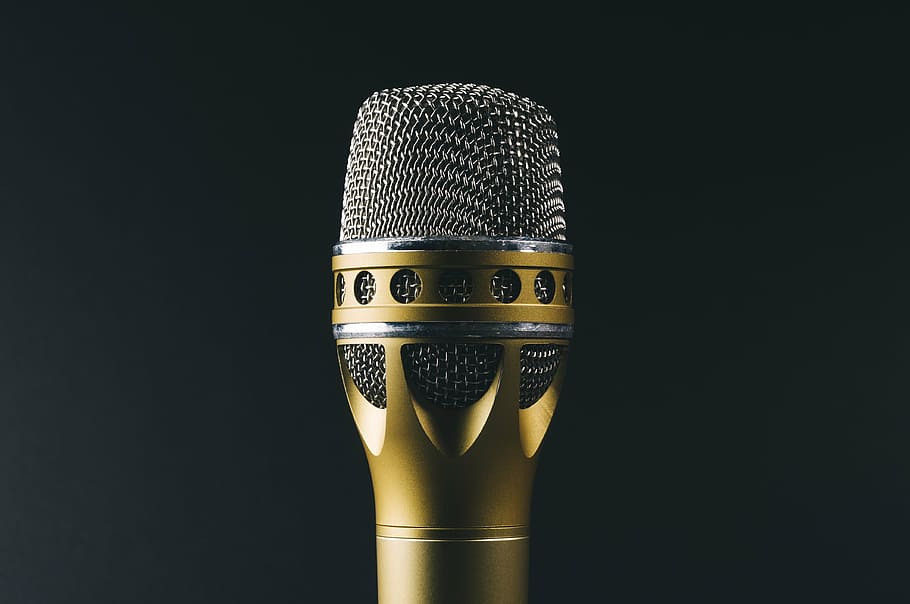 gold microphone, audio, classic, metal, sound recording, black background, HD wallpaper